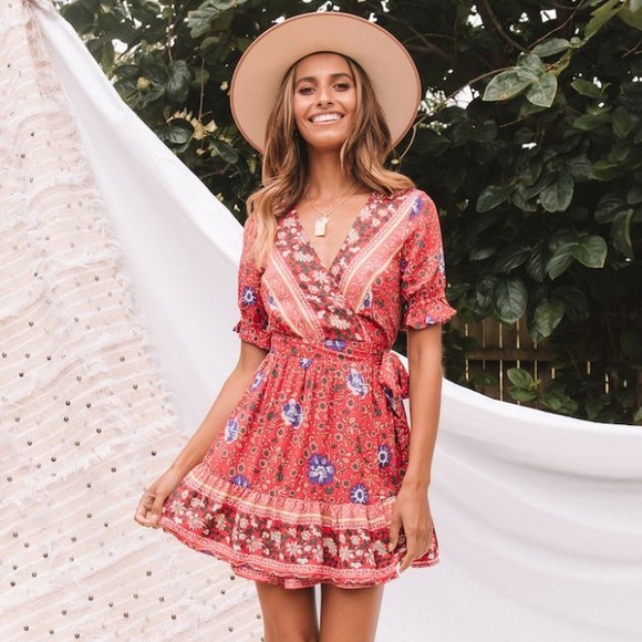 Red Floral Gypsy Boho Print Wrap Dress V Neck - Picture 2 of 3